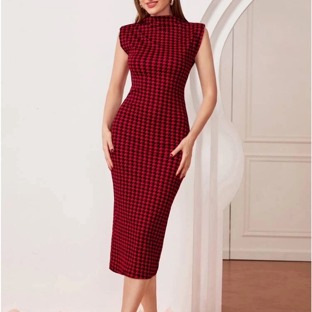 Houndstooth Shoulder Pads Mock Neck Bodycon Dress